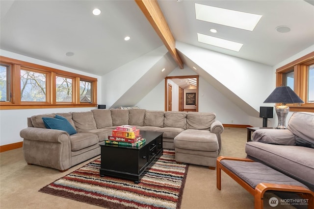 3193 Northshore Rd, Bellingham, WA 98226 - living room with recessed lighting, carpet, lofted ceiling with skylight, and baseboards
