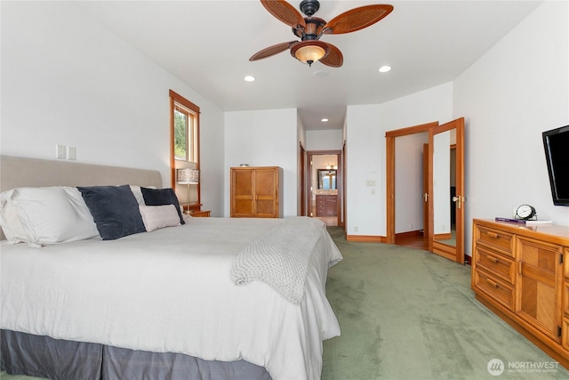 3193 Northshore Rd, Bellingham, WA 98226 - bedroom featuring baseboards, ceiling fan, light colored carpet, recessed lighting, and connected bathroom
