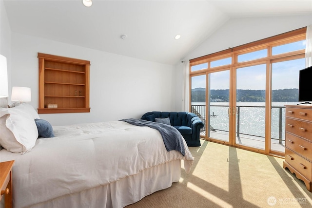 3193 Northshore Rd, Bellingham, WA 98226 - bedroom featuring carpet, vaulted ceiling, recessed lighting, and access to exterior
