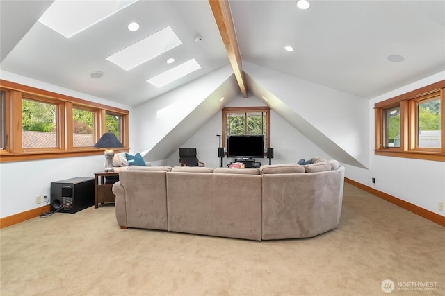 3193 Northshore Rd, Bellingham, WA 98226 - living room featuring recessed lighting, baseboards, light carpet, and lofted ceiling with skylight
