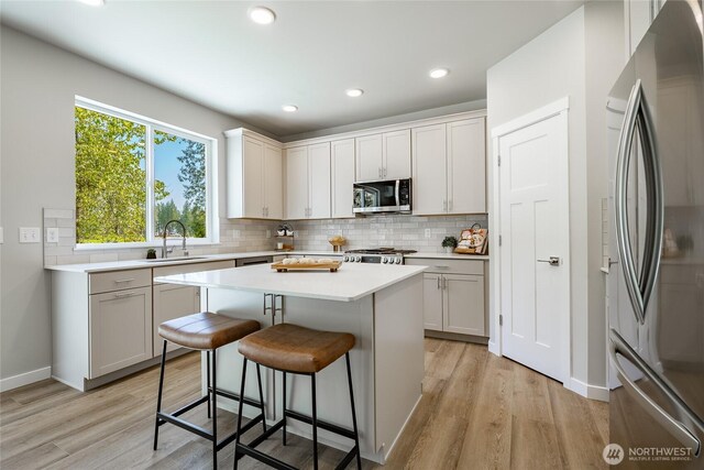 3009 Oleander Ln, Blaine, WA 98230 - kitchen with a sink, appliances with stainless steel finishes, tasteful backsplash, and light wood-style floors