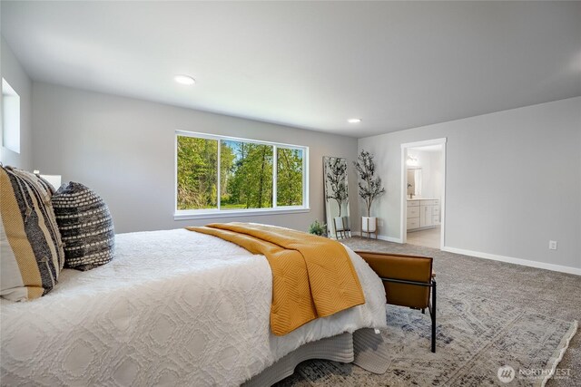 3009 Oleander Ln, Blaine, WA 98230 - bedroom with baseboards, recessed lighting, carpet, and connected bathroom