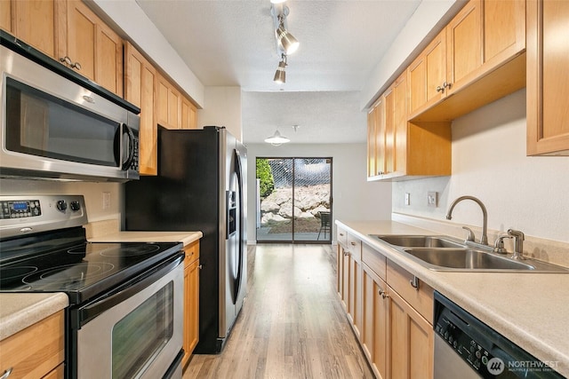 1555 Union Ave NE Unit 27, Renton, WA 98059 - kitchen featuring appliances with stainless steel finishes, a sink, light wood-style floors, track lighting, and light countertops