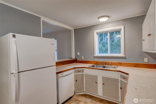 kitchen with crown molding, a sink, white appliances, and light countertops