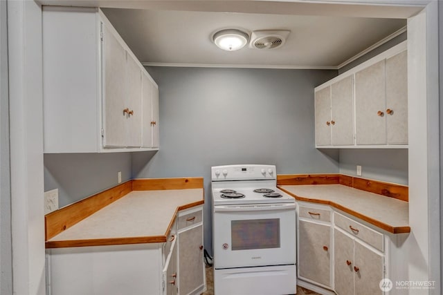 kitchen featuring crown molding, light countertops, electric stove, white cabinetry, and visible vents