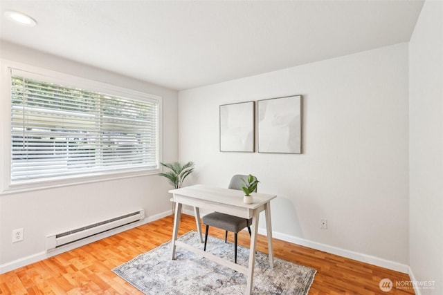 office featuring baseboards, wood finished floors, and a baseboard radiator