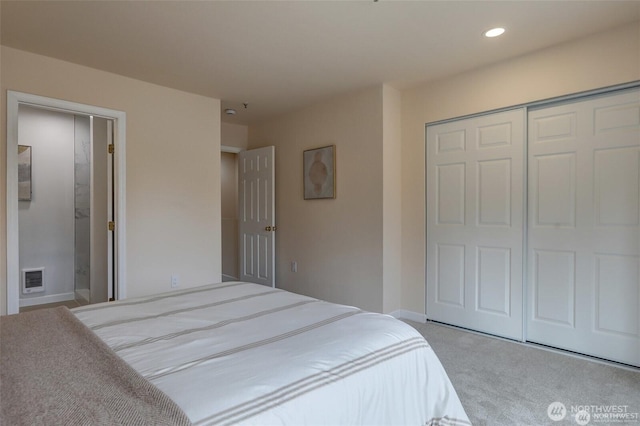 12446 NE 7th Pl, Bellevue, WA 98005 - carpeted bedroom featuring recessed lighting, visible vents, a closet, and ensuite bathroom
