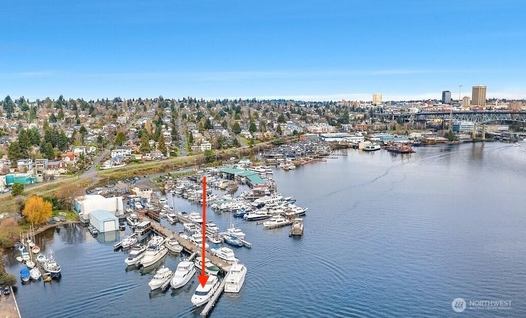 aerial view featuring a water view