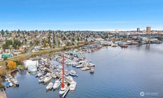 aerial view featuring a water view