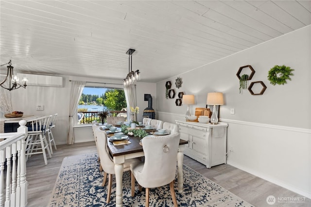 dining area with wooden ceiling, a chandelier, light wood-style floors, and baseboards