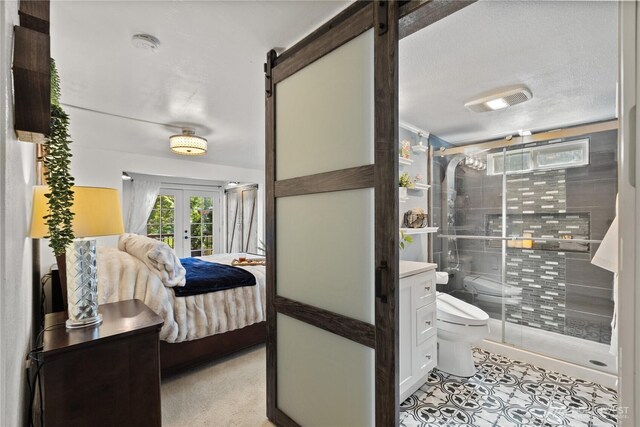 full bath featuring french doors, a shower stall, toilet, ensuite bath, and tile patterned flooring
