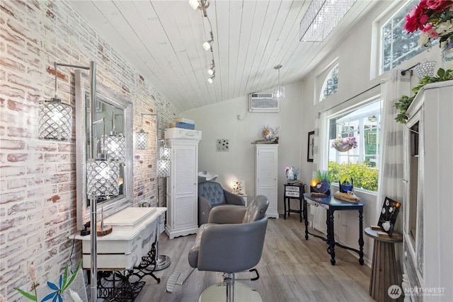 office area featuring brick wall, an AC wall unit, healthy amount of natural light, wood finished floors, and wood ceiling