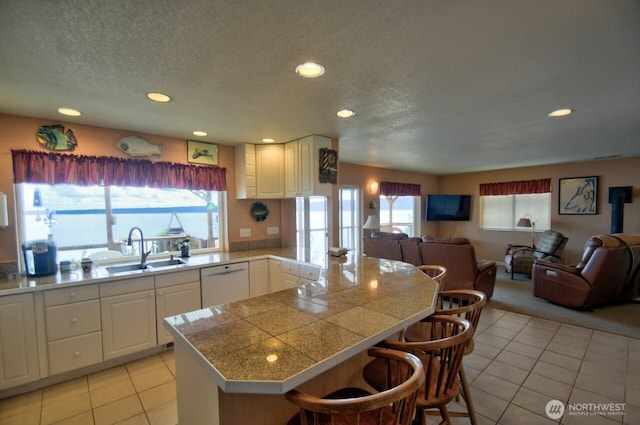 kitchen with open floor plan, a wealth of natural light, white dishwasher, and a sink
