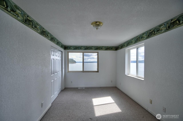carpeted spare room with a textured ceiling