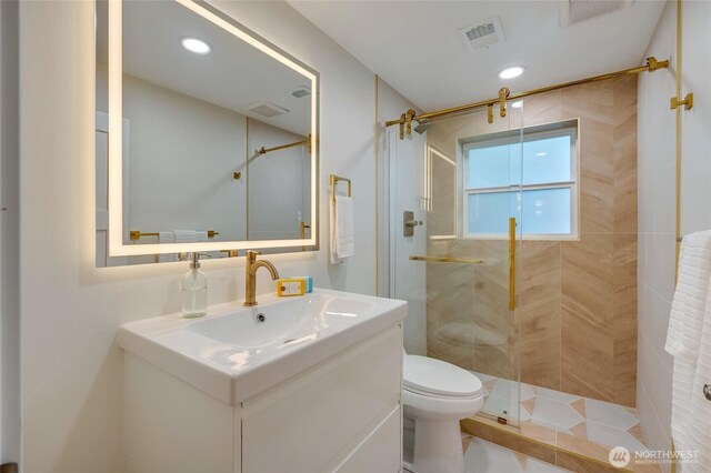 19010 12th Ave NE, Shoreline, WA 98155 - full bathroom with a shower stall, vanity, and recessed lighting