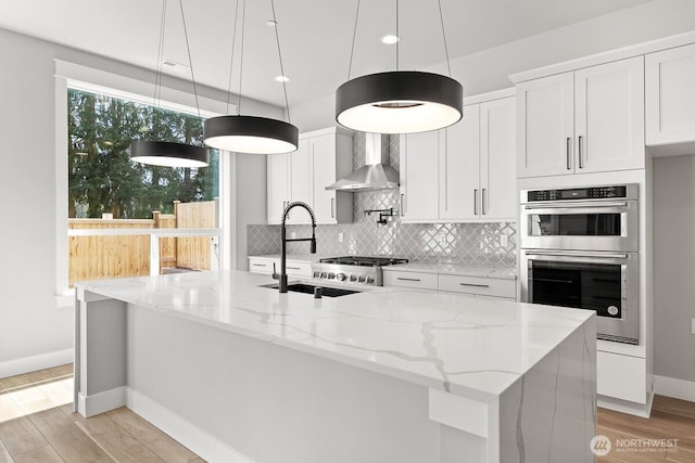 1436 238th St SE, Bothell, WA 98021 - kitchen featuring decorative backsplash, double oven, baseboards, wall chimney range hood, and a sink