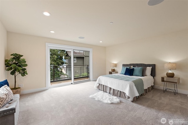 bedroom featuring recessed lighting, carpet, access to outside, and baseboards