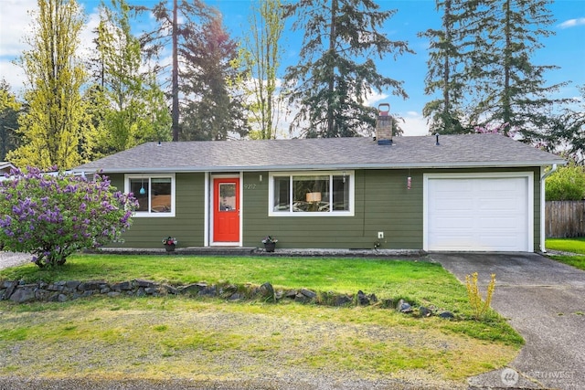 ranch-style house with a front lawn, aphalt driveway, fence, a chimney, and an attached garage