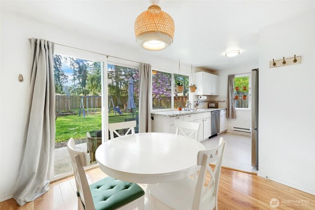 dining area featuring light wood-style floors, a wealth of natural light, and a baseboard radiator