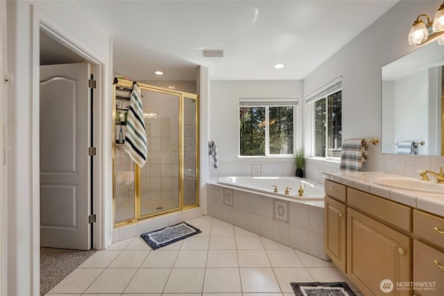 full bath featuring visible vents, vanity, tile patterned floors, a stall shower, and a garden tub