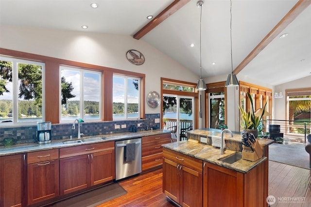 14407 Goodrich Dr NW, Gig Harbor, WA 98329 - kitchen featuring stainless steel dishwasher, dark wood-style flooring, a sink, and vaulted ceiling with beams