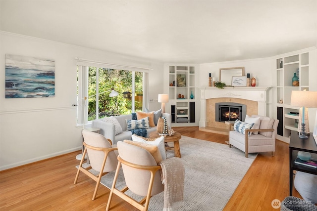 living area featuring a premium fireplace, crown molding, wood finished floors, and baseboards