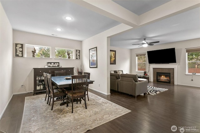 dining area featuring baseboards, a fireplace, and dark wood-type flooring
