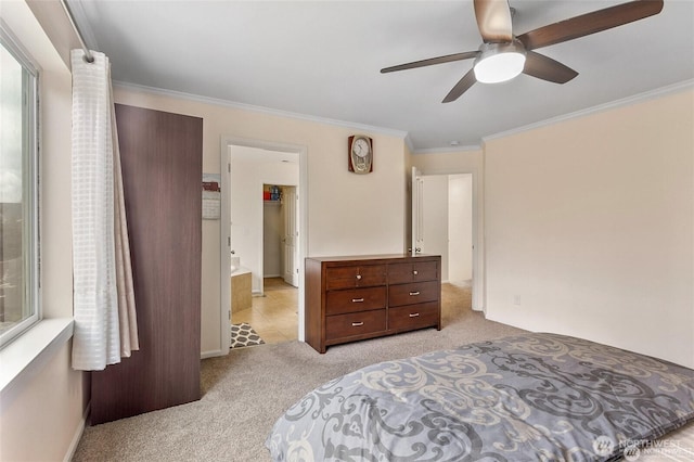 bedroom featuring light carpet, a ceiling fan, and crown molding