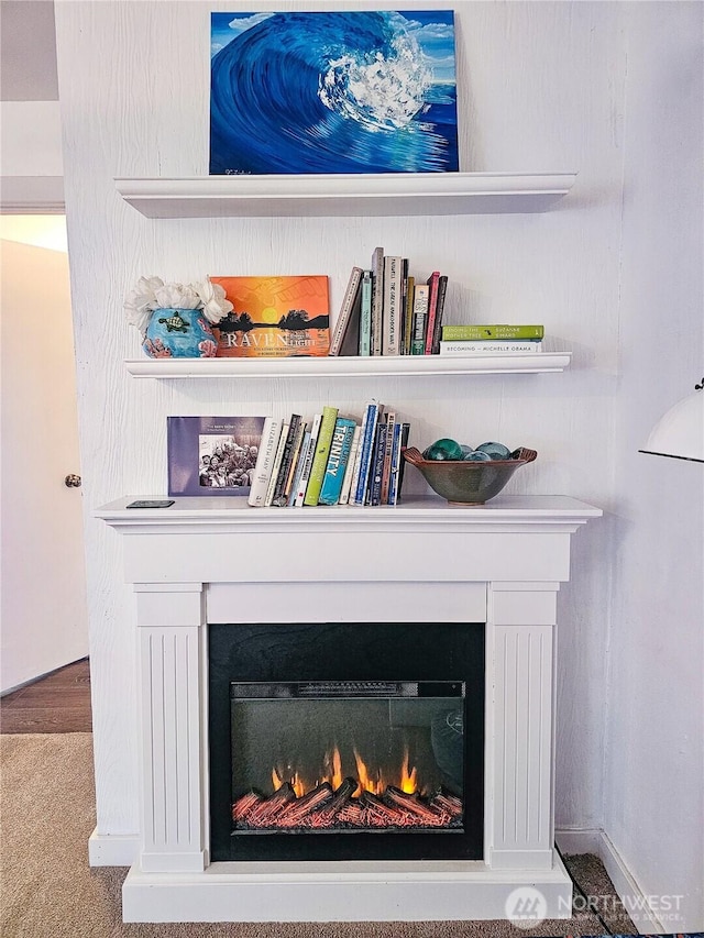 details with a lit fireplace and carpet floors