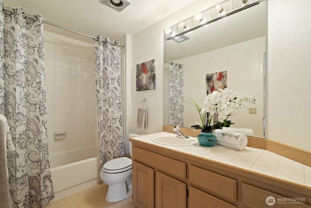2003 Mill Pointe Dr SE, Mill Creek, WA 98012 - bathroom with vanity, shower / bath combination with curtain, toilet, and tile patterned floors