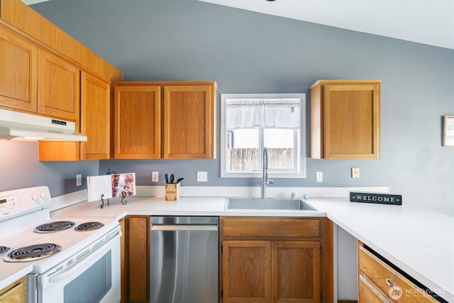 kitchen featuring stainless steel dishwasher, under cabinet range hood, light countertops, a sink, and electric stove