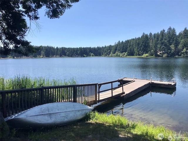 view of dock with a water view and a wooded view
