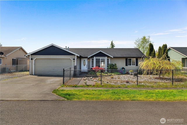 ranch-style house with a garage, a fenced front yard, and driveway