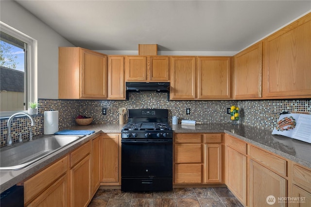 kitchen with backsplash, stone finish flooring, a sink, black range with gas stovetop, and under cabinet range hood