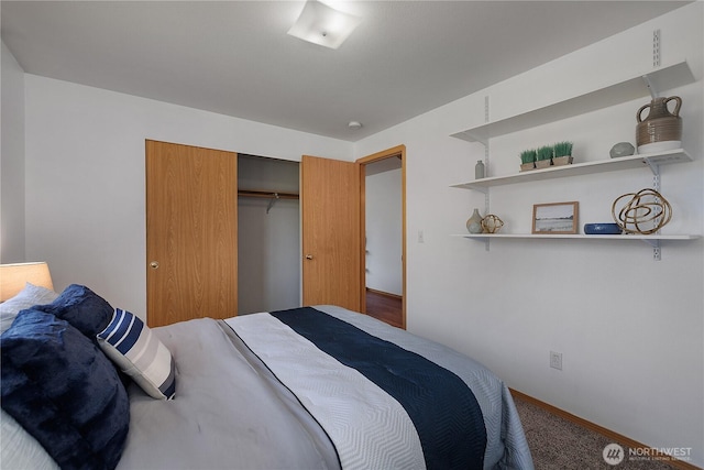 bedroom with carpet floors, baseboards, and a closet