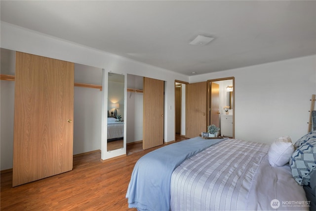 bedroom featuring light wood-type flooring and multiple closets