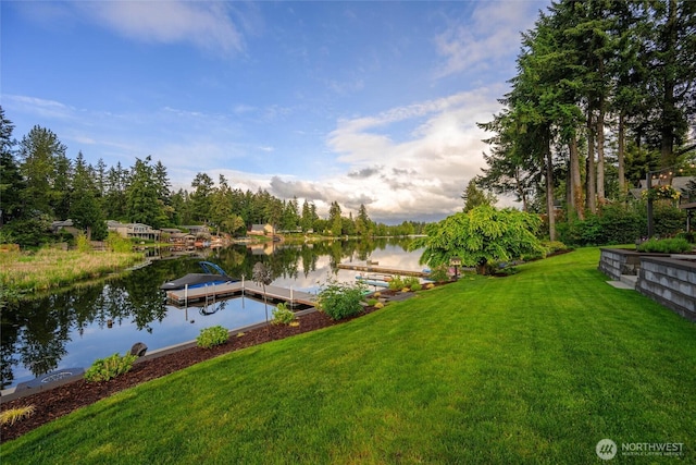 water view featuring a floating dock