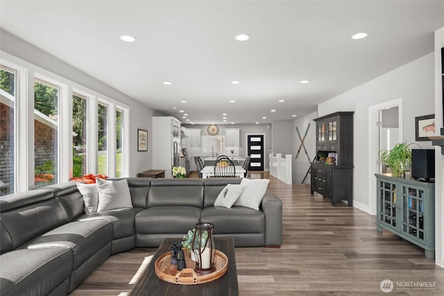living area featuring recessed lighting, wood finished floors, and baseboards