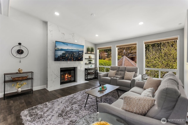 living area with baseboards, wood finished floors, a fireplace, and recessed lighting