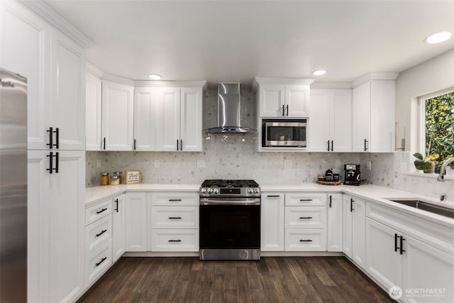 kitchen featuring white cabinets, wall chimney exhaust hood, stainless steel appliances, and a sink