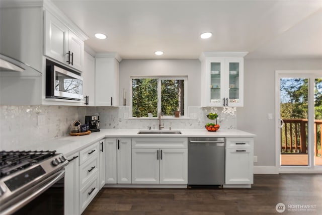 kitchen featuring plenty of natural light, white cabinetry, stainless steel appliances, and a sink