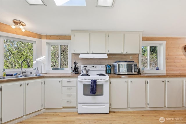 kitchen with a sink, light countertops, electric range, stainless steel microwave, and under cabinet range hood