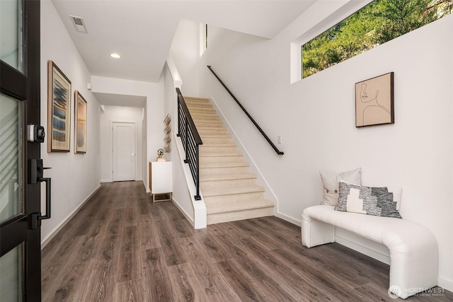 16515 26th St E, Lake Tapps, WA 98391 - foyer with stairway, dark wood-style flooring, recessed lighting, and baseboards