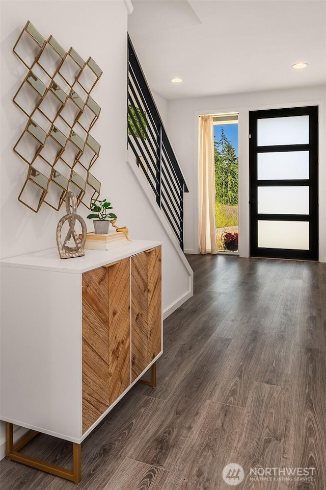 16515 26th St E, Lake Tapps, WA 98391 - foyer with wood finished floors, stairway, baseboards, and recessed lighting