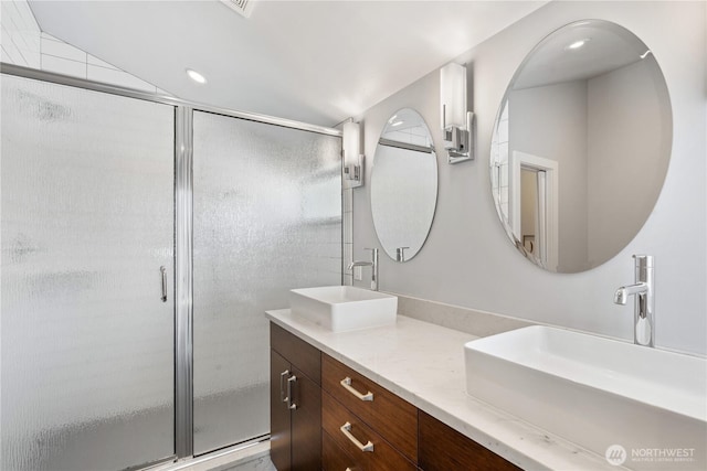 9028 45th Ave NE, Seattle, WA 98115 - full bath with recessed lighting, double vanity, a shower stall, and a sink