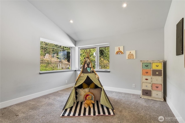 9028 45th Ave NE, Seattle, WA 98115 - game room featuring recessed lighting, carpet, vaulted ceiling, electric panel, and baseboards