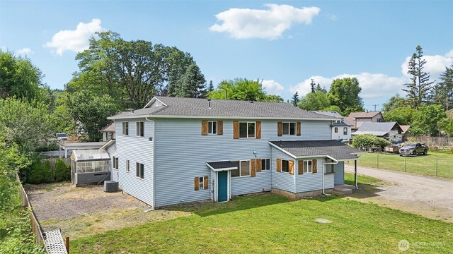 3718 NE Everett St, Camas, WA 98607 - back of property with dirt driveway, cooling unit, and roof with shingles