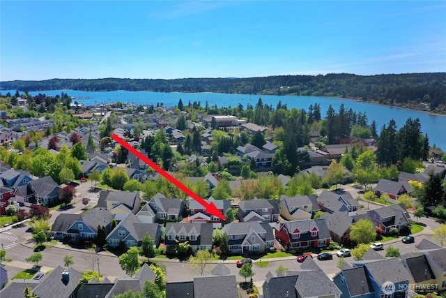 aerial perspective of suburban area with a nearby body of water and a forest