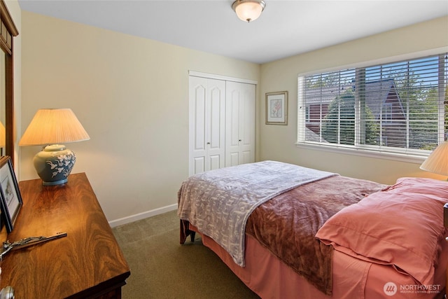 bedroom with carpet flooring, a closet, and baseboards