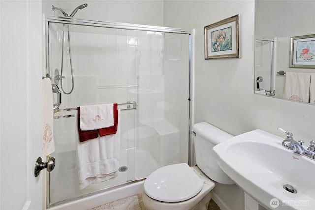 bathroom featuring a shower stall, a sink, and toilet